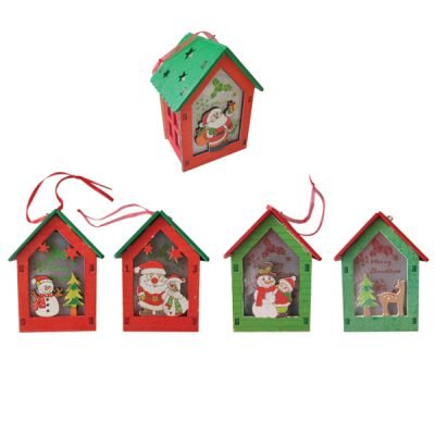 Ξύλινο κρεμαστό στολίδι σπιτάκι με φως 10 x 7cm [00001557]