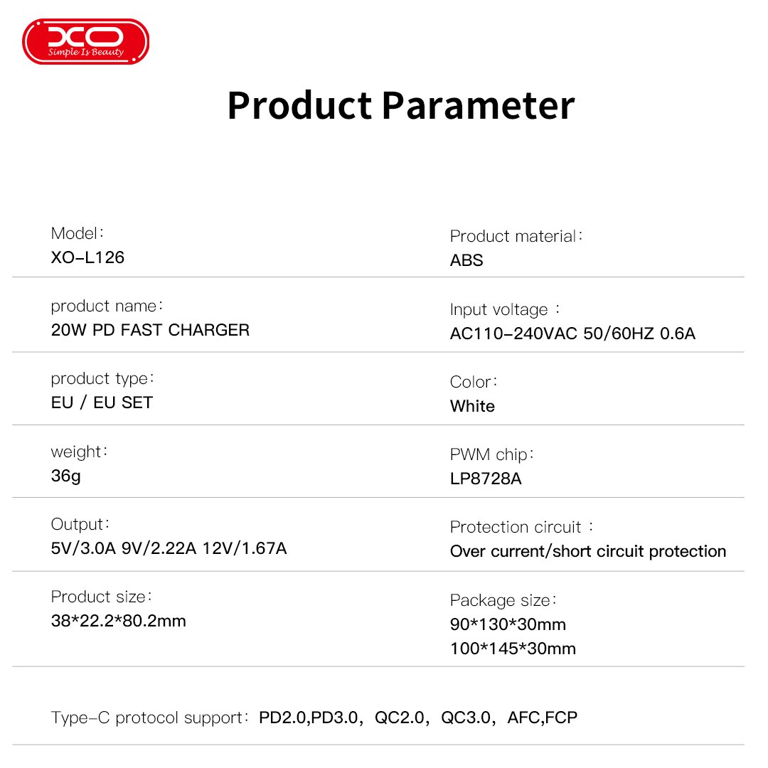 XO L126 USB-C PD20W Fast Charging Charger (16.006.0212) - Image 2