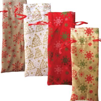 Πάνινη Χριστουγεννιάτικη σακούλα-πουγγί για κρασιά [00001101]