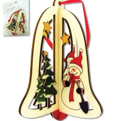 Ξύλινο τρισδιάστατο κρεμαστό Χριστουγεννιάτικο στολίδι καμπάνα 10,5cm [00001057]