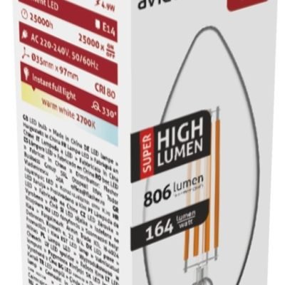 Avide LED Filament Κερί 4.9W E14 Θερμό 2700K Super Υψηλής Φωτεινότητας (15.001.1926)