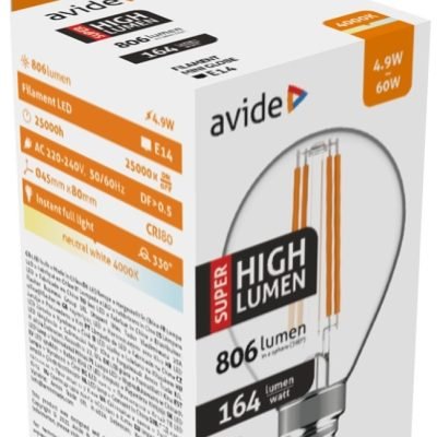 Avide LED Filament Σφαιρική 4.9W E14 Λευκό 4000K Super Υψηλής Φωτεινότητας (15.001.1927)