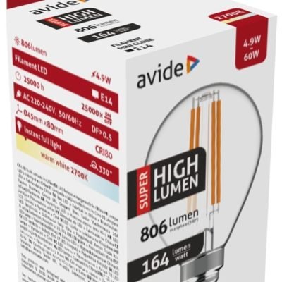 Avide LED Filament Σφαιρική 4.9W E14 Θερμό 2700K Super Υψηλής Φωτεινότητας (15.001.1928)