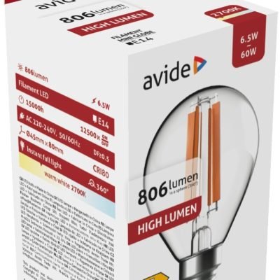 Avide LED Filament Σφαιρική 6.5W E14 Θερμό 2700K Υψηλής Φωτεινότητας (15.001.1729)