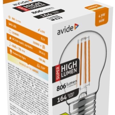 Avide LED Filament Σφαιρική 4.9W E27 Λευκό 4000K Super Υψηλής Φωτεινότητας (15.001.1929)