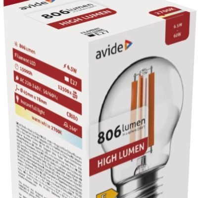 Avide LED Filament Σφαιρική 6.5W E27 Θερμό 2700K Υψηλής Φωτεινότητας (15.001.1733)