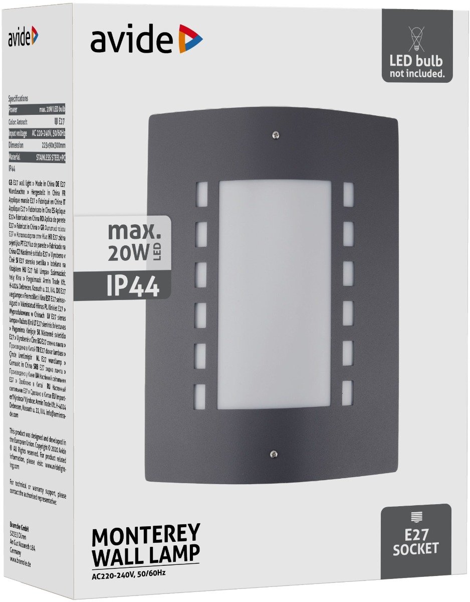 Avide Εξωτερικό Φωτιστικό Τοίχου Monterey 1xE27 IP44 Ανθρακί (15.001.1591) - Image 2