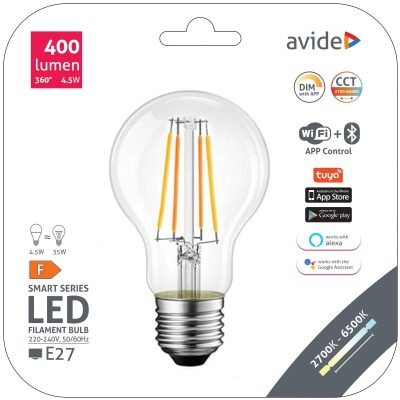 Avide LED Smart Filament Κοινή A60 4.5W CCT WIFI + BLE APP Control (15.001.0710)