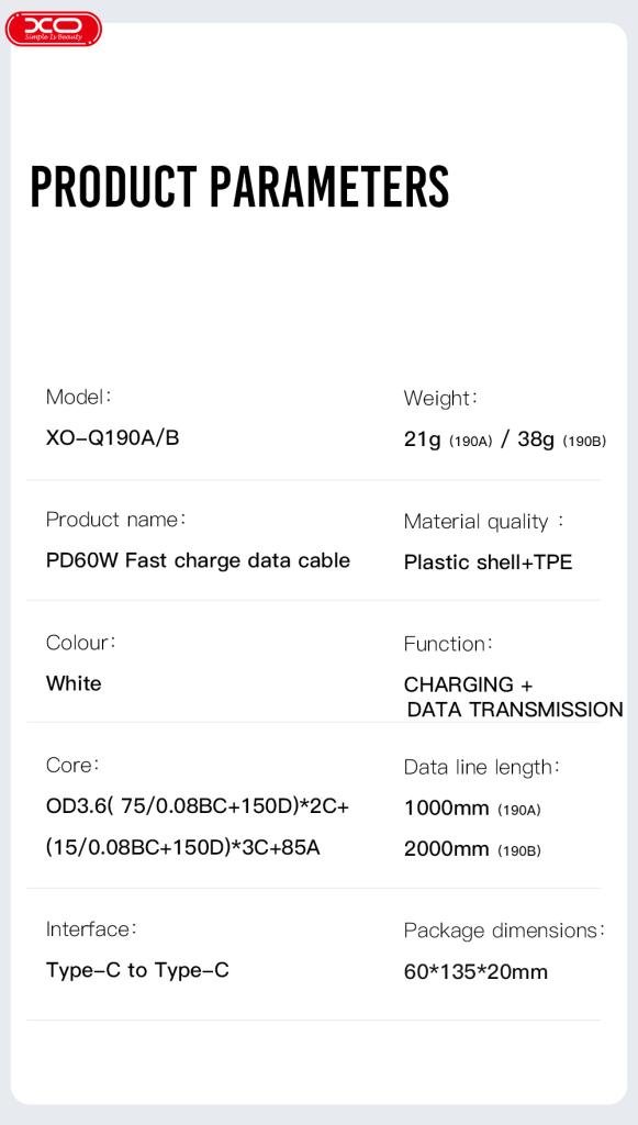 XO NB-Q190A 60W Καλώδιο Φόρτισης + Data Type-C σε Type-C 1m (16.005.0283) - Image 5