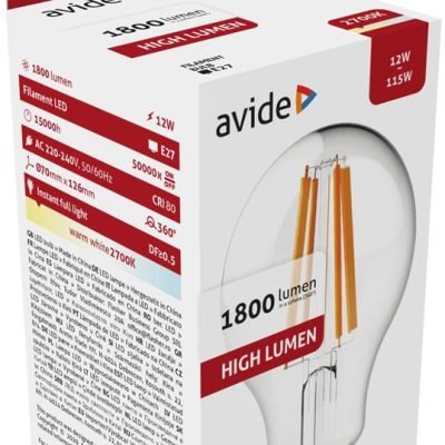 Avide LED Filament Κοινή 12W E27 A65 360° Θερμό 2700K Υψηλής Φωτεινότητας (15.001.0236)