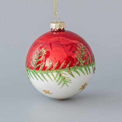 ΓΥΑΛΙΝΗ ΜΠΑΛΑ, ΚΟΚΚΙΝΗ-ΛΕΥΚΗ, ΜΕ ΠΡΑΣΙΝΑ GLITTER ΦΥΛΛΑ, ΣΕΤ 4ΤΜΧ, 10cm (600-45069)