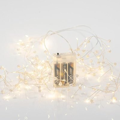 CLUSTER 2m, 120 MINI LED, ΠΕΡΛΕΣ, ΜΠΑΤΑΡΙΑΣ 3xAA, ΑΣΗΜΙ ΧΑΛΚΙΝΟ ΚΑΛΩΔΙΟ, ΘΕΡΜΟ ΛΕΥΚΟ LED, ΠΡΟΕΚΤΑΣΗ ΠΑΡΟΧΗΣ 50cm, IP20 (600-11429)
