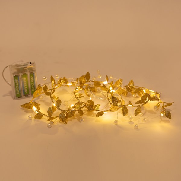 ΣΕΙΡΑ, 15 MINI LED, ΔΙΑΚΟΣΜΗΤΙΚΑ ΦΥΛΛΑ & ΠΕΡΛΕΣ, ΜΠΑΤΑΡΙΑΣ 3xΑΑ, ΧΡΟΝΟΔΙΑΚΟΠΤΗ, ΑΣΗΜΙ ΧΑΛΚΙΝΟ ΚΑΛΩΔΙΟ, ΘΕΡΜΟ ΛΕΥΚΟ LED ΑΝΑ 10cm, ΠΡΟΕΚΤΑΣΗ ΠΑΡΟΧΗΣ 30cm, IP20 (600-03260) - Image 2