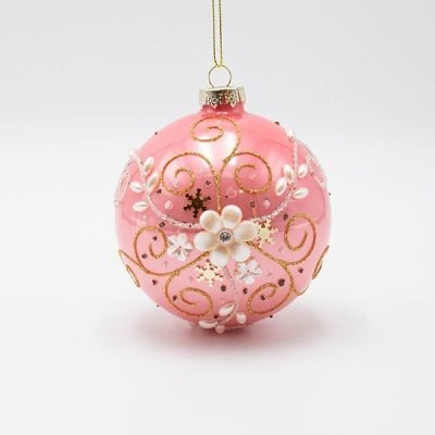 ΓΥΑΛΙΝΗ ΜΠΑΛΑ, ΡΟΖ ΜΕ ΛΕΥΚΟ ΠΕΡΛΕ ΛΟΥΛΟΥΔΙ, ΣΕΤ 4ΤΜΧ, 10cm (600-46768)