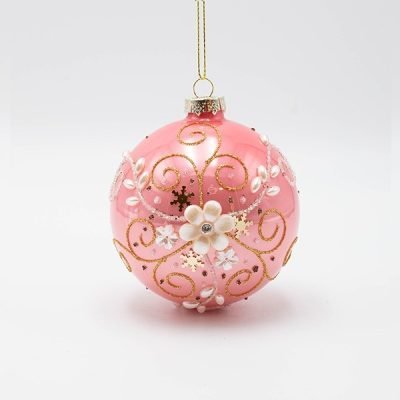 ΓΥΑΛΙΝΗ ΜΠΑΛΑ, ΡΟΖ ΜΕ ΛΕΥΚΟ ΠΕΡΛΕ ΛΟΥΛΟΥΔΙ, ΣΕΤ 4ΤΜΧ, 8cm (600-46767)