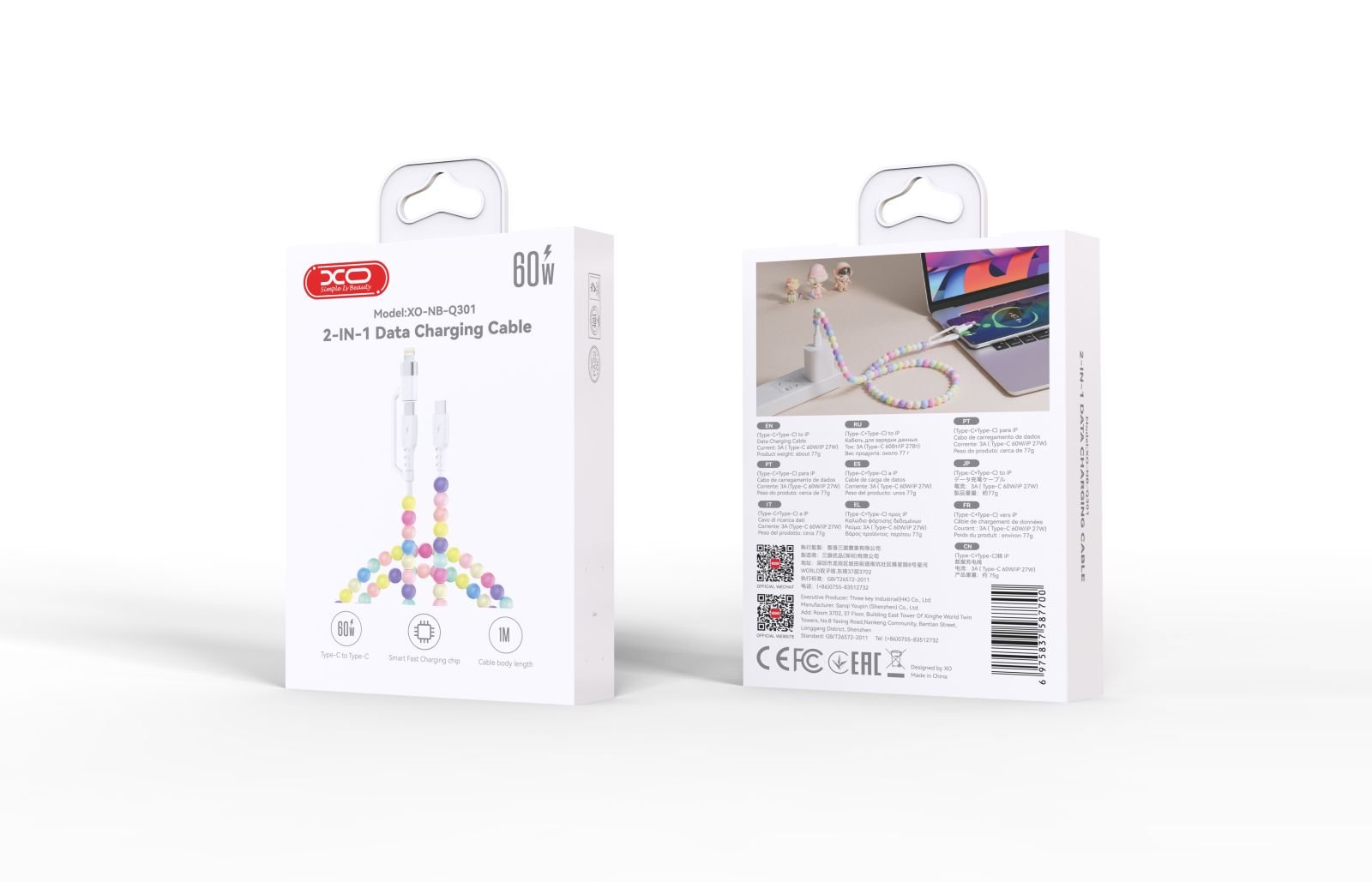 XO NB-Q301 Πολύχρωμο Καλώδιο με Χάντρες Type-C σε Type-C 60W & Lighting 27W 1m (16.005.0407) - Image 3