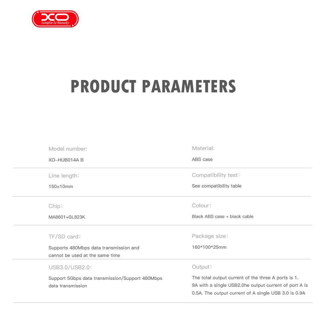 XO HUB014A Plastic portable 4 in 1 docking station (Micro to USB3.0+USB2.0 * 2+TF) (16.005.0296) - Image 2