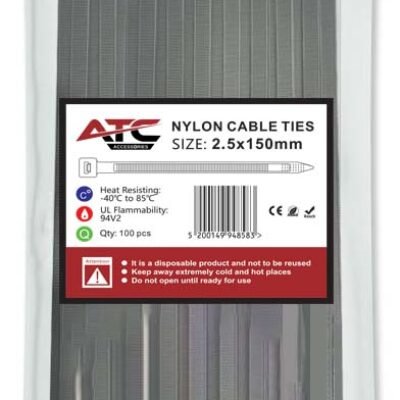 ATC Δεματικά 2.5x150mm Νάιλον Μαύρα 100τμχ Σακουλάκι (20.007.0009)