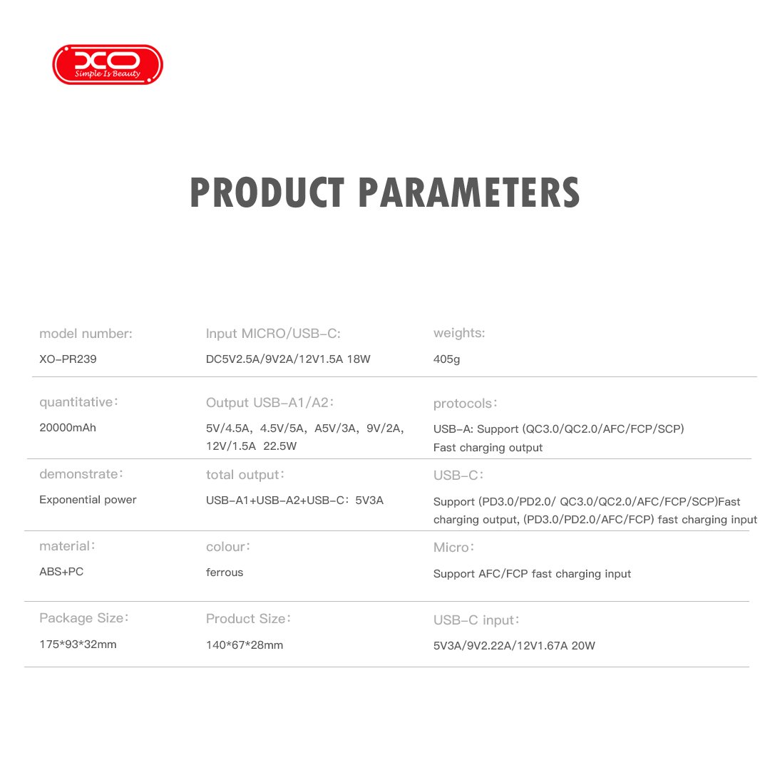 XO PR239 USB-C 20W/USB-A 22.5W power bank γρήγορης φόρτισης με οθόνη 20000mAh (16.010.0087) - Image 5