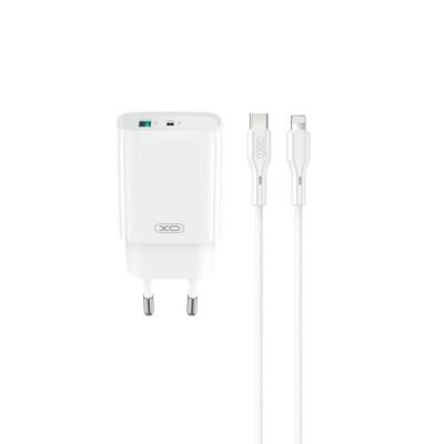 XO wall charger CE29 PD 20W 1x USB-C 1x USB white + cable USB-C – Lightning