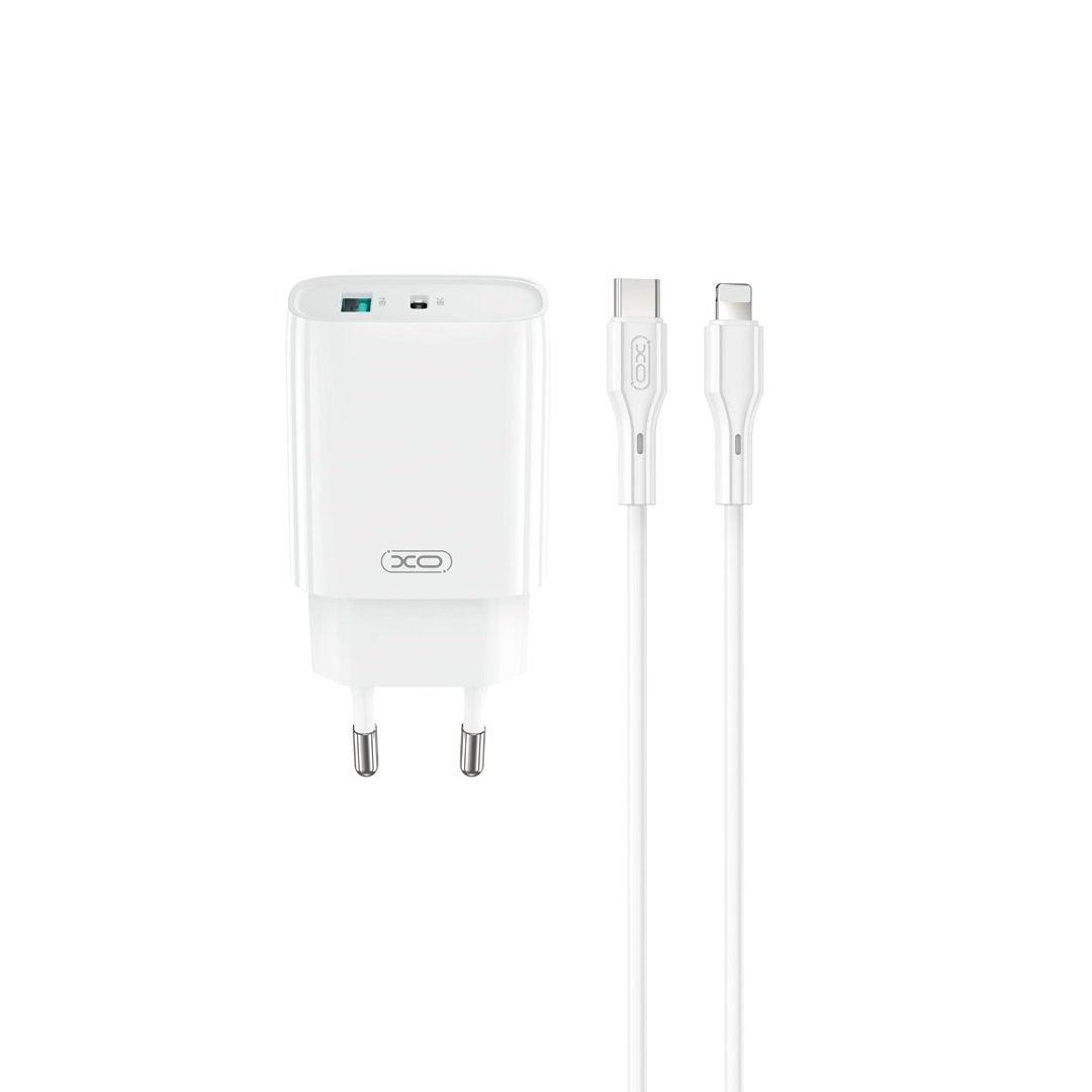 XO wall charger CE29 PD 20W 1x USB-C 1x USB white + cable USB-C - Lightning