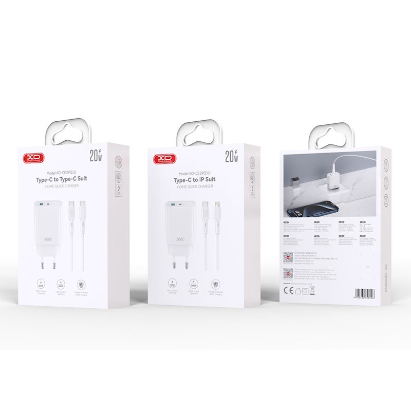 XO wall charger CE29 PD 20W 1x USB-C 1x USB white + cable USB-C - Lightning - Image 2
