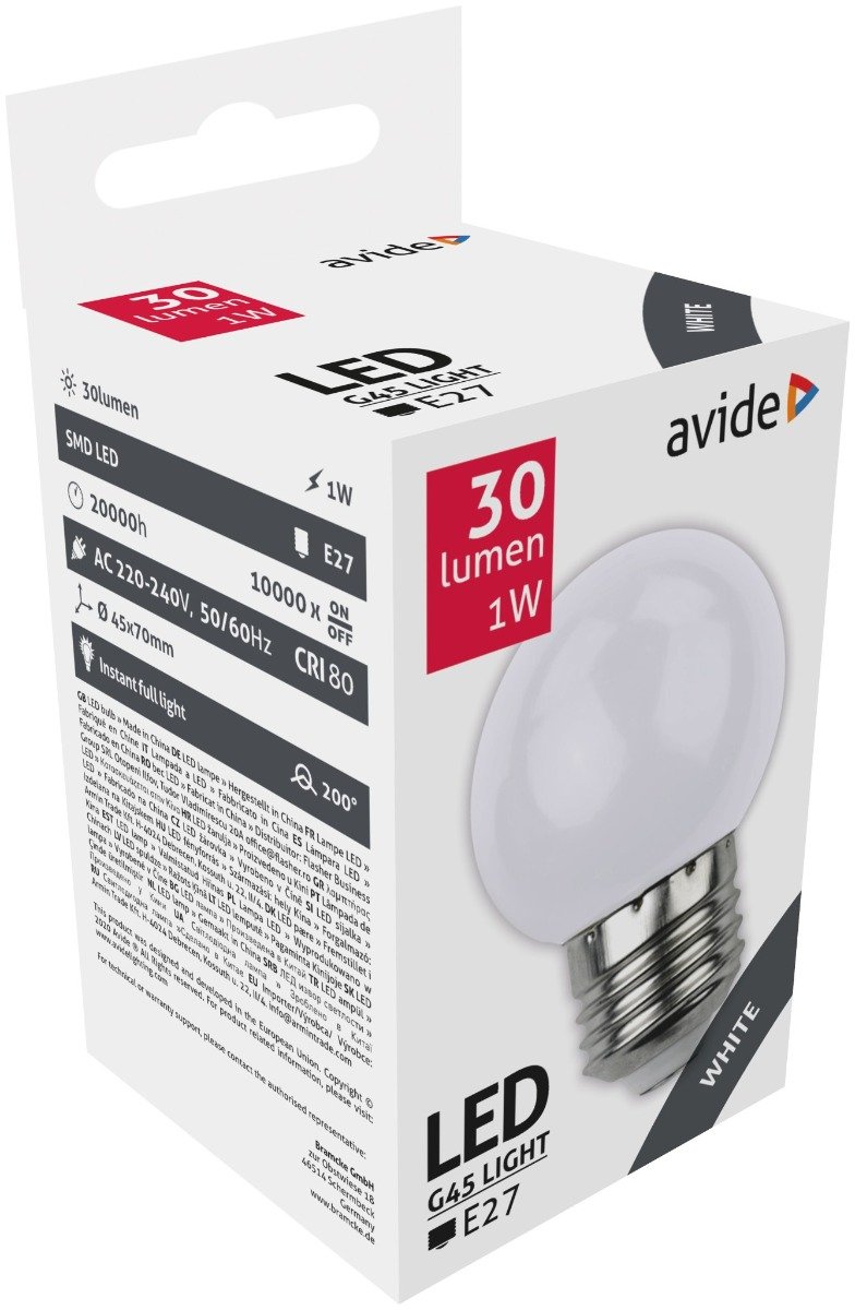 Avide LED Διακοσμητική Λάμπα G45 1W E27 Άσπρο (15.001.0174)