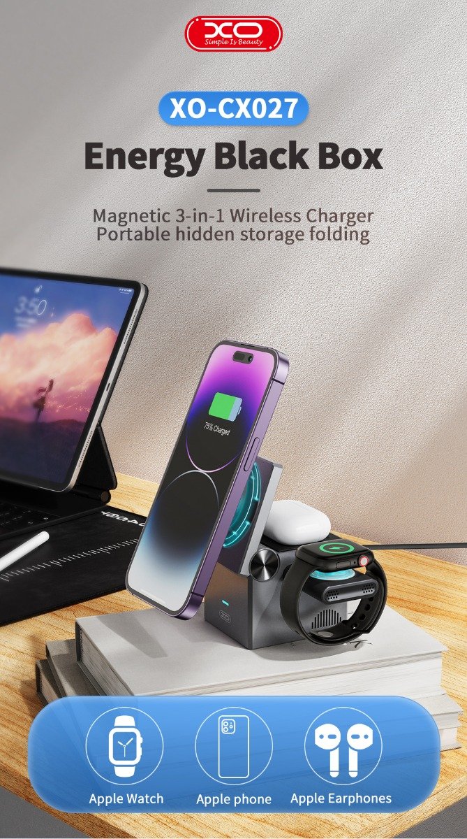 XO CX027 Κινητό /Apple Watch/ TWS 3-σε-1 Ασύρματος φορτιστής 15W (16.006.0271) - Image 2