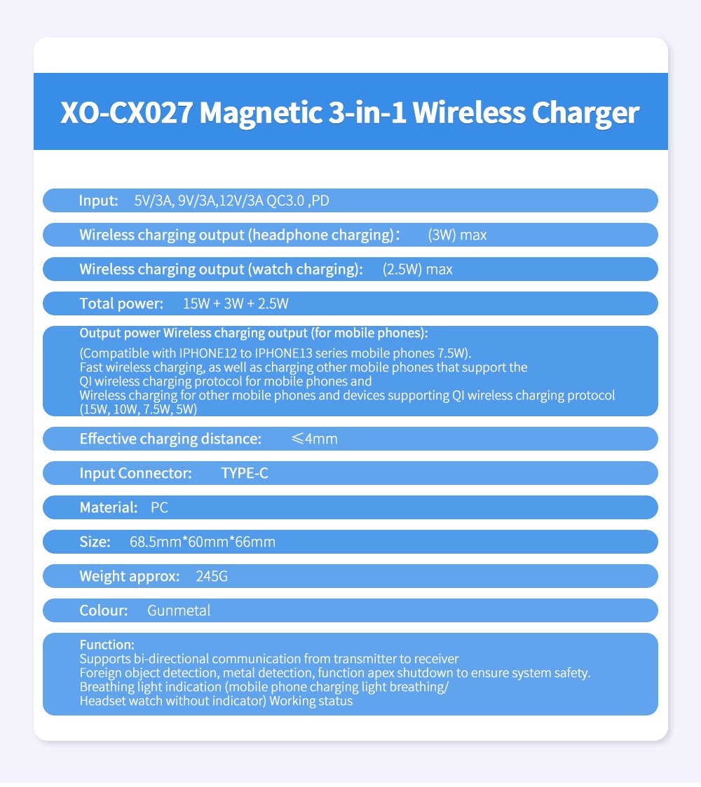 XO CX027 Κινητό /Apple Watch/ TWS 3-σε-1 Ασύρματος φορτιστής 15W (16.006.0271) - Image 7