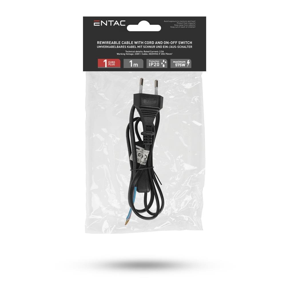 Entac Rewireable Καλώδιο 2G0.75 με Διακόπτη ON/OFF Μαύρο 1m (15.005.0451) - Image 2