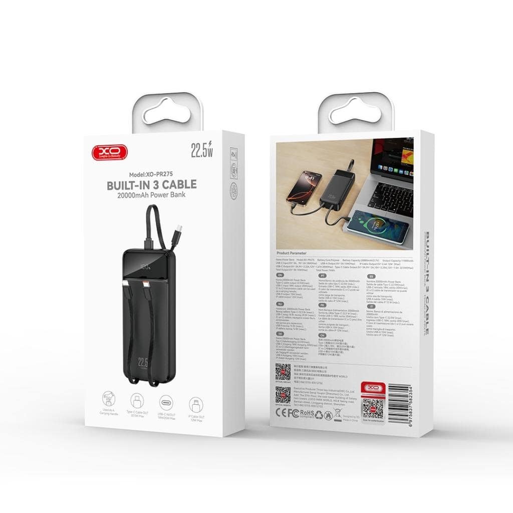 XO PR275 Powerbank 22.5W+20W με 3 Ενσωματωμένα Καλώδια 2x USB-C, 1x Lightning & Ψηφιακή Οθόνη 20.000 mAh (16.010.0103) - Image 3