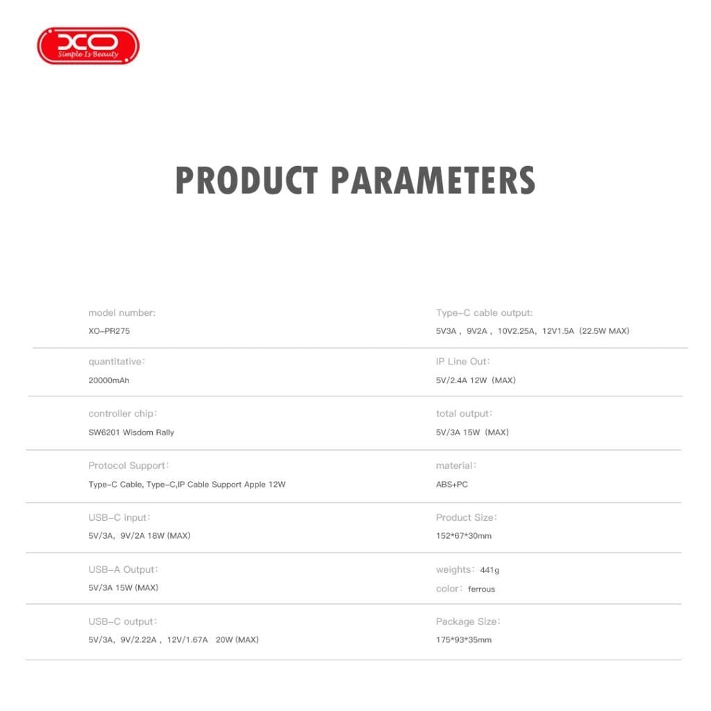 XO PR275 Powerbank 22.5W+20W με 3 Ενσωματωμένα Καλώδια 2x USB-C, 1x Lightning & Ψηφιακή Οθόνη 20.000 mAh (16.010.0103) - Image 5