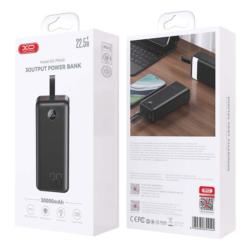 XO PR240 Power Bank Γρήγορης Φόρτισης USB-C 20W/USB-A 22.5W με οθόνη 30000mAh (16.010.0086) - Image 4