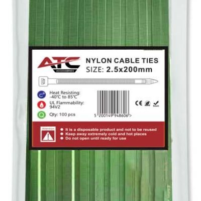 ATC Δεματικά 2.5x200mm Νάιλον Πράσινα 100τμχ Σακουλάκι (20.007.0011)