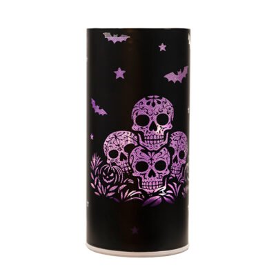 ΓΥΑΛΙΝΟ ΦΩΤΙΖΟΜΕΝΟ ΔΙΑΚΟΣΜΗΤΙΚΟ, ΜΕ ΠΑΡΑΣΤΑΣΗ HALLOWEEN, ΜΑΥΡΟ ΜΕ ΜΩΒ, ΠΕΡΙΣΤΡΕΦΟΜΕΝΟ, 9x18cm (600-48455)