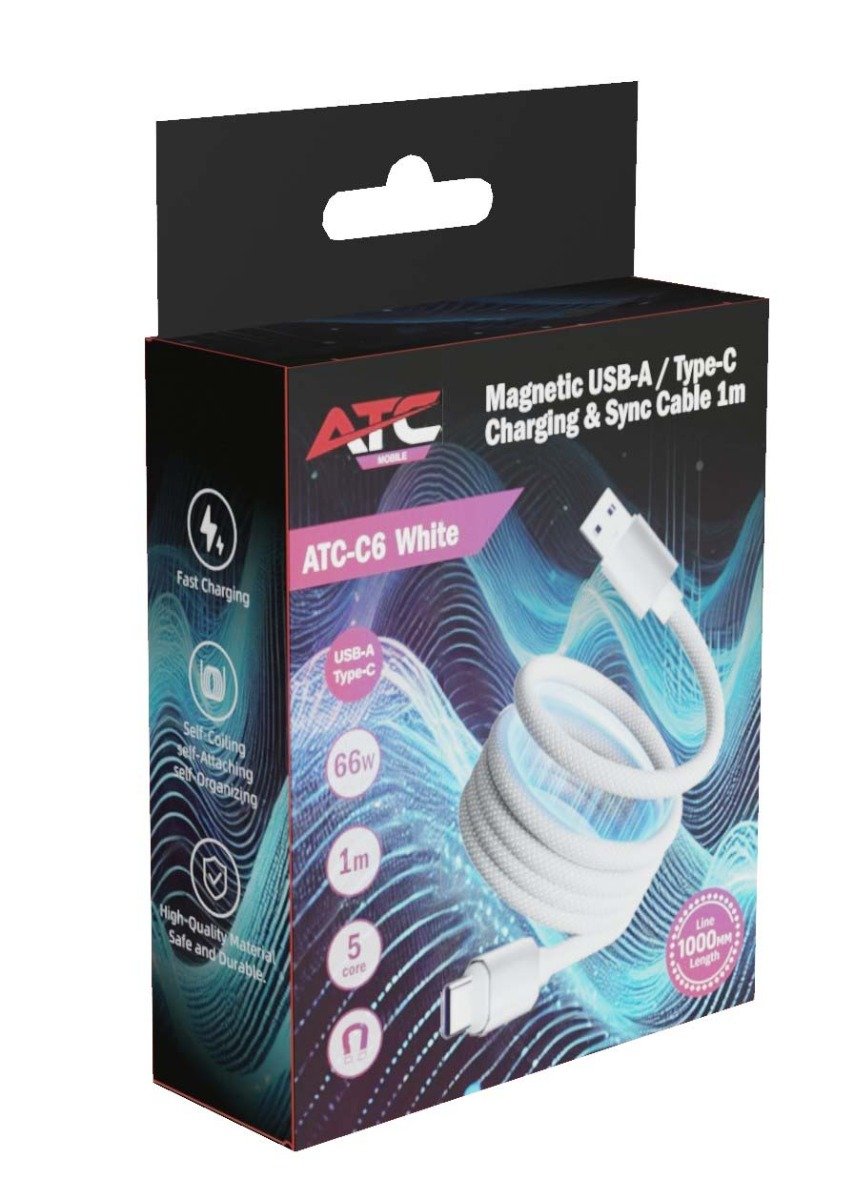 ATC-C6 Μαγνητικό Καλώδιο Φόρτισης και Μεταφοράς Δεδομένων USB-A σε Type-C 66W 1m Λευκό (20.003.0014) - Image 2