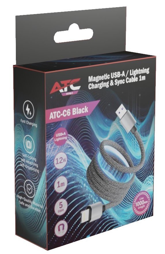 ATC-C6 Μαγνητικό Καλώδιο Φόρτισης & Μεταφοράς Δεδομένων USB-A σε Lightning 12W 1m Μαύρο (20.003.0013) - Image 2