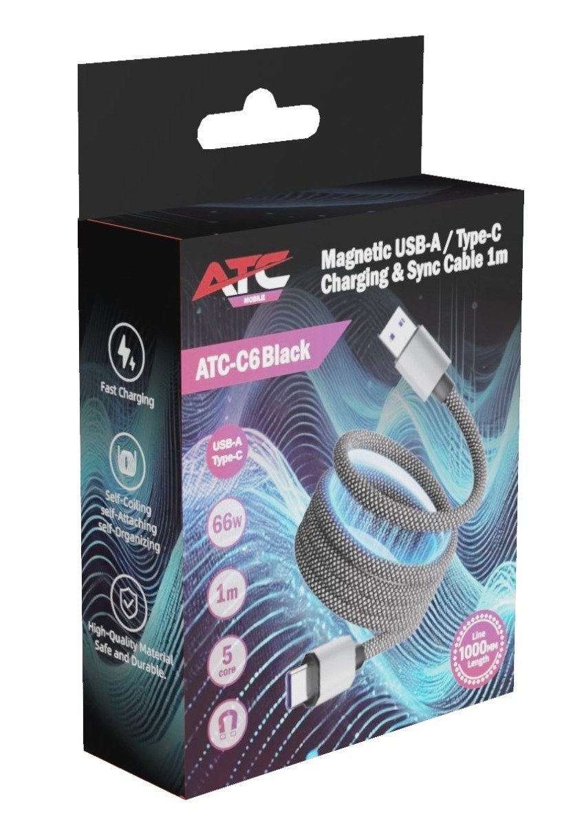 ATC-C6 Μαγνητικό Καλώδιο Φόρτισης & Μεταφοράς Δεδομένων USB-A σε Type-C 66W 1m Μαύρο (20.003.0015) - Image 2