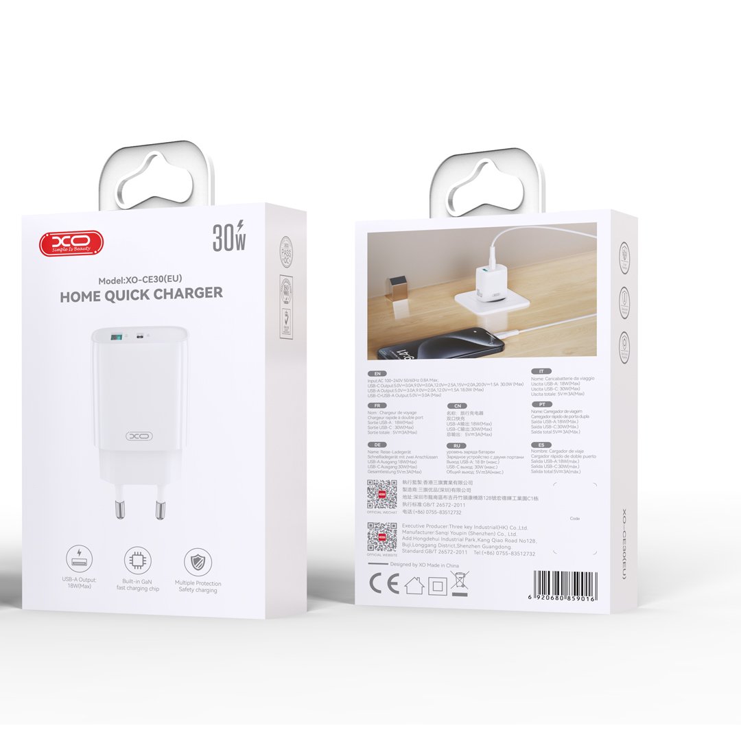 XO wall charger CE30 PD 30W 1x USB-C 1x USB white (GSM188178) - Image 6