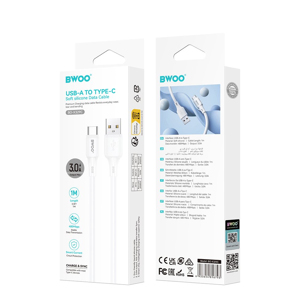 BWOO 3A silicone cable X329C USB - USB-C 1m white (GSM194970) - Image 4