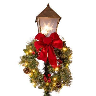 ΦΑΝΑΡΙ ΚΟΛΩΝΑ ΑΝΤΙΚΕ, ΣΤΟΛΙΣΜΕΝΟ ΜΕ ΧΡΙΣΤΟΥΓΕΝΝΙΑΤΙΚΟ ΣΤΕΦΑΝΙ ΚΑΙ ΚΟΚΚΙΝΟ ΦΙΟΓΚΟ, 70 ΘΕΡΜΑ ΛΕΥΚΑ LED, 167cm (600-48872)