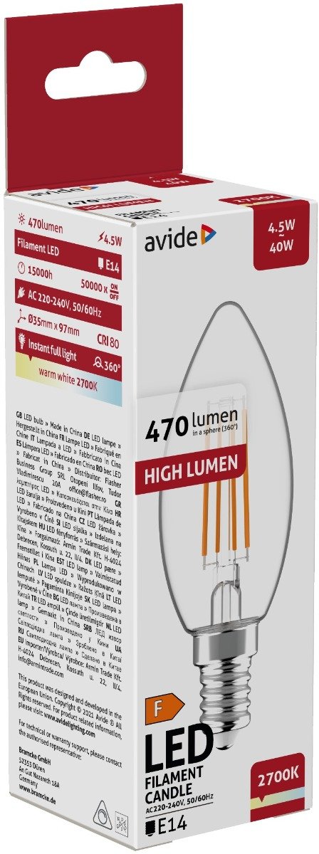 Avide LED Filament Κερί 4.5W E14 Θερμό 2700K (15.001.1720)