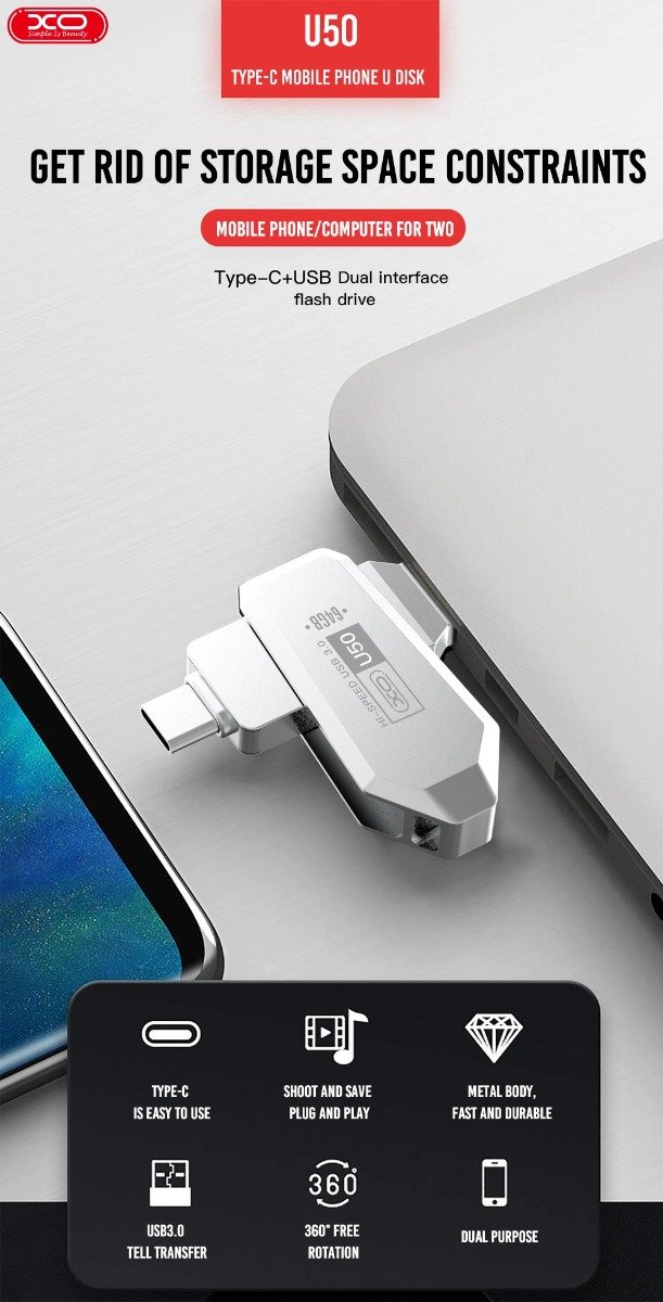 XO U50 Στικάκι & Αντάπτορας Type-C σε USB OTG USB 3.0 Έκδοση 16GB (16.007.0042) - Image 2