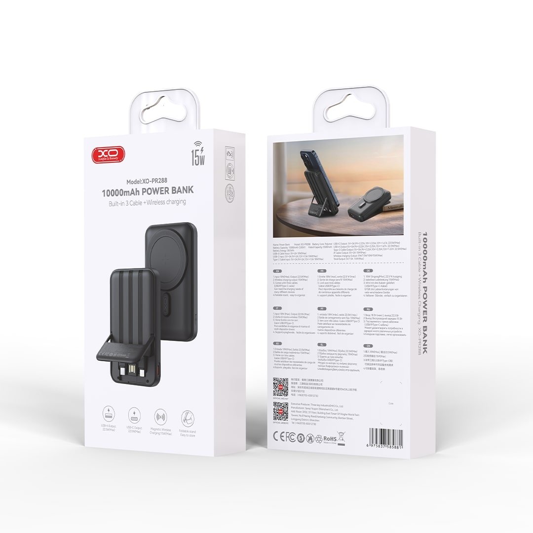 XO PR288 Powerbank Ταχείας Φόρτισης 15W με 3 Ενσωματωμένα Καλώδια & Ασύρματη Φόρτιση PD20W 10000mAh (16.010.0104) - Image 5
