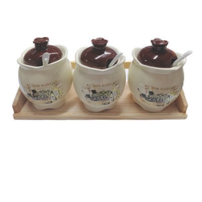 Σετ 3 κεραμικά βάζα με κουταλάκια σε ξύλινη βάση [00109342]