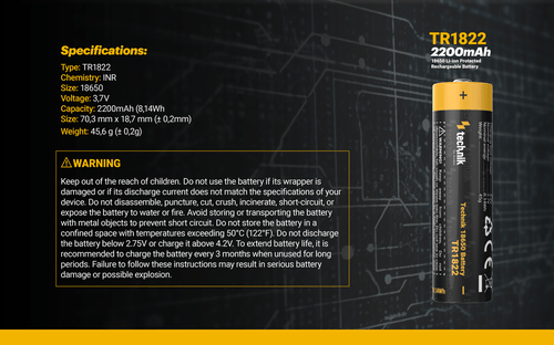 Technik Επαναφορτιζόμενη Μπαταρία 18650 TR1822 2200mAh 3,7V B1 (01.003.0090) - Image 4