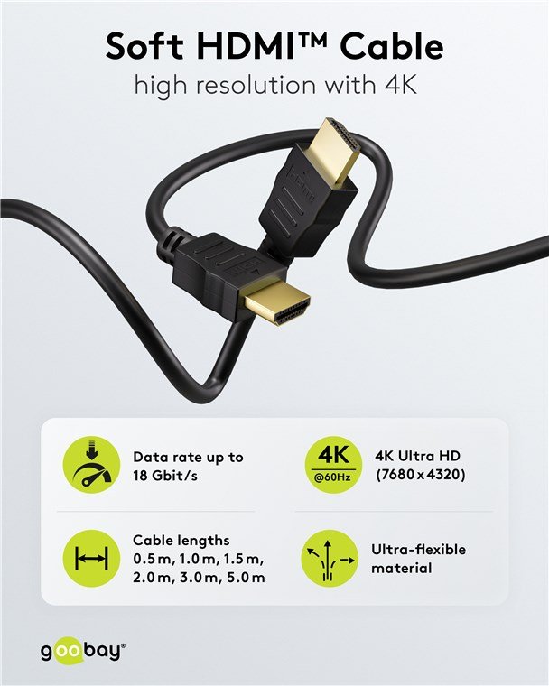 Goobay Καλώδιο HDMI Ethernet Υψηλής Ταχύτητας 4K/60Hz 18Gbit/s Μαύρο 0,5μ 80096 (11.002.0029) - Image 6