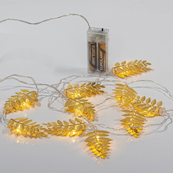 ΣΕΙΡΑ, 10 LED 5mm, ΜΕΤΑΛΛΙΚΑ ΧΡΥΣΑ ΦΥΛΛΑ 6cm, ΜΠΑΤΑΡΙΑΣ 2xAA, ΧΡΟΝΟΔΙΑΚΟΠΤΗ, ΔΙΑΦΑΝΟ PVC ΚΑΛΩΔΙΟ, ΘΕΡΜΟ ΛΕΥΚΟ LED ΑΝΑ 10cm, ΠΡΟΕΚΤΑΣΗ ΠΑΡΟΧΗΣ 50cm, IP20 (600-11457) - Image 2