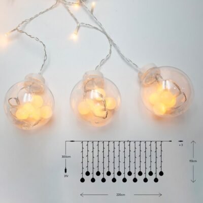 ΚΟΥΡΤΙΝΑ, 120 LED 5mm ΜΕ ΜΠΑΛΕΣ, 31V ΜΕΤΑΣΧΗΜΑΤΙΣΤΗ, 4 ΕΠΕΚΤΑΣΕΙΣ ΕΩΣ 3 ΣΕΤ, ΔΙΑΦΑΝΟ PVC ΚΑΛΩΔΙΟ, ΘΕΡΜΟ ΛΕΥΚΟ LED (H113 x W220cm, 10 ΣΕΙΡΕΣ), ΠΡΟΕΚΤΑΣΗ ΠΑΡΟΧΗΣ 3m, IP44 (600-02027)