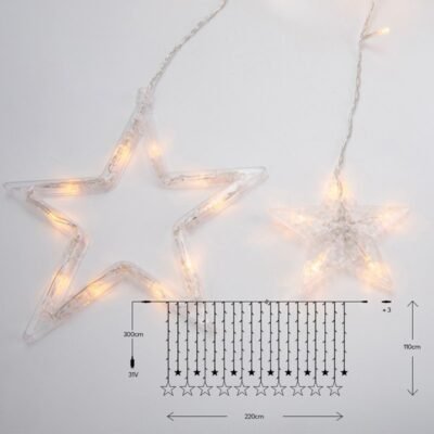 ΚΟΥΡΤΙΝΑ, 138 LED 5mm ΜΕ ΑΣΤΕΡΙΑ, 31V ΜΕΤΑΣΧΗΜΑΤΙΣΤΗ, 4 ΕΠΕΚΤΑΣΕΙΣ ΕΩΣ 3 ΣΕΤ, ΔΙΑΦΑΝΟ PVC ΚΑΛΩΔΙΟ, ΘΕΡΜΟ ΛΕΥΚΟ LED (H110 x W220cm, 12 ΣΕΙΡΕΣ), ΠΡΟΕΚΤΑΣΗ ΠΑΡΟΧΗΣ 3m, IP44 (600-02030)